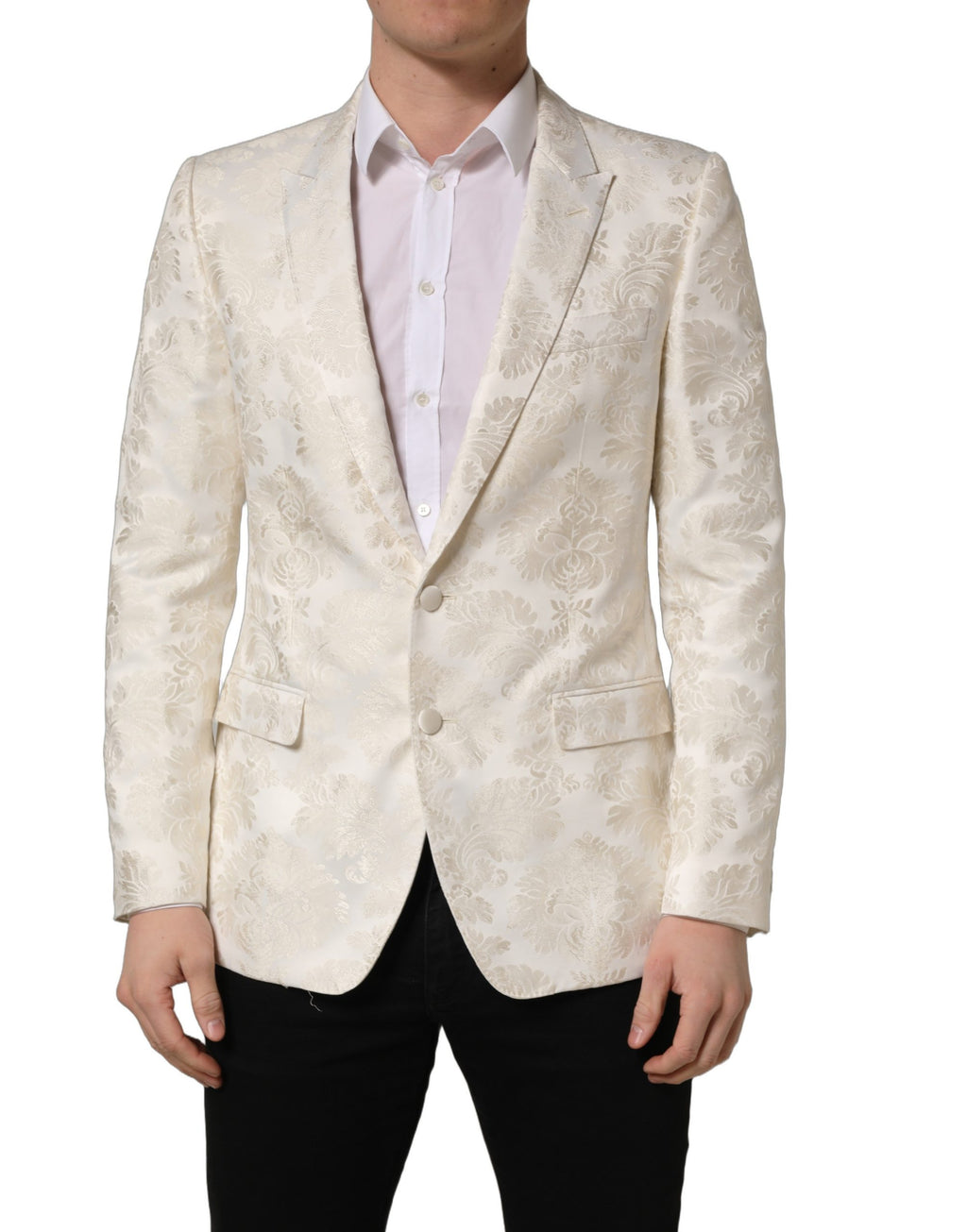 Veste homme Dolce & Gabbana à fleurs blanches, à simple boutonnage, style élégant et design floral.