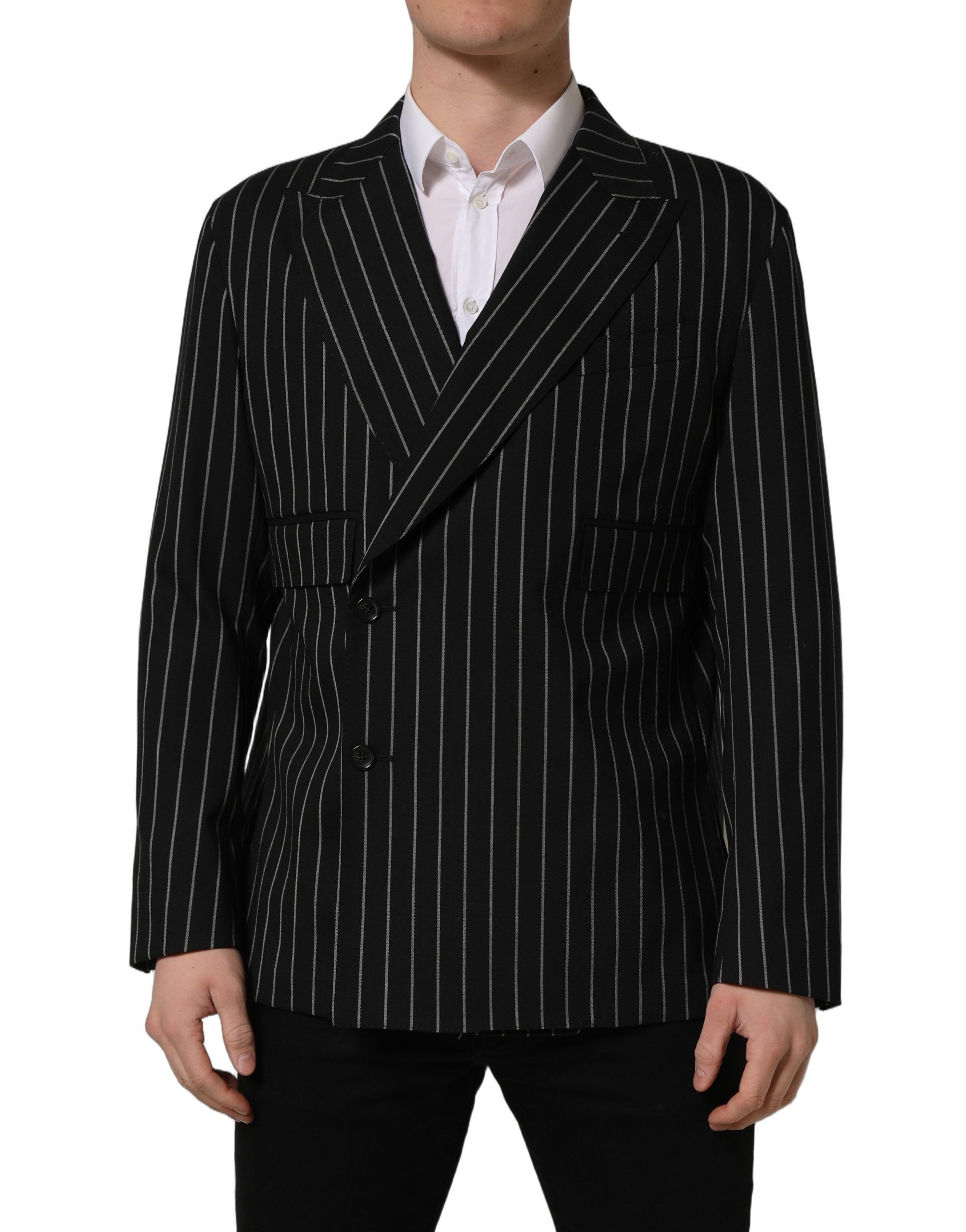 Veste en laine à rayures noires de Dolce & Gabbana, coupe double boutonnage, style élégant et sophistiqué.