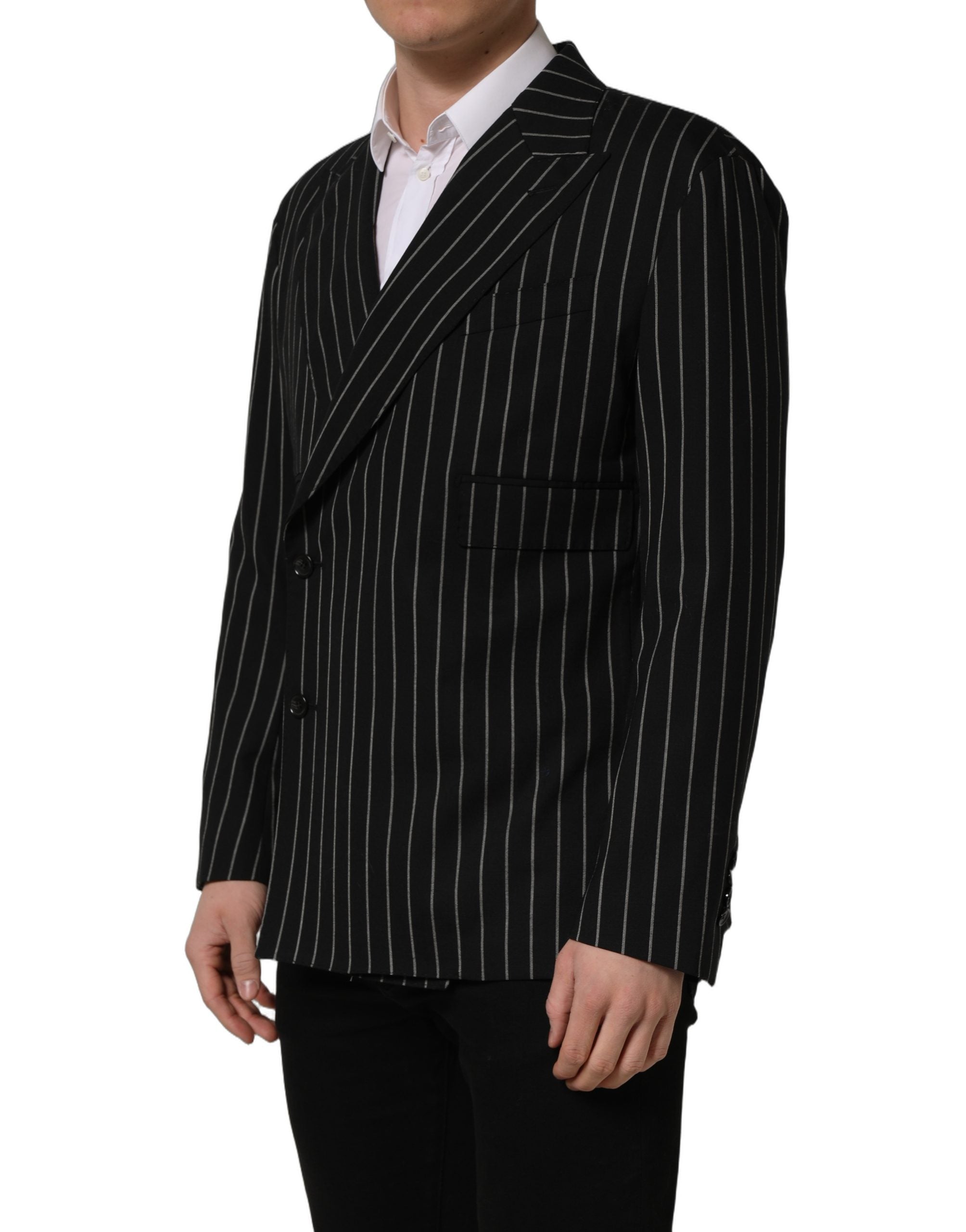 Veste en laine noire à rayures Dolce & Gabbana, double boutonnage, style élégant et sophistiqué, vue de face.