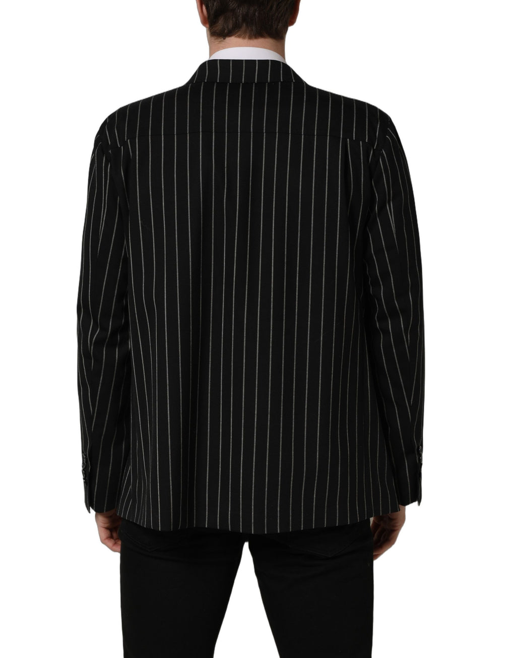 Veste en laine à rayures noires de Dolce & Gabbana, à double boutonnage, élégante et sophistiquée.