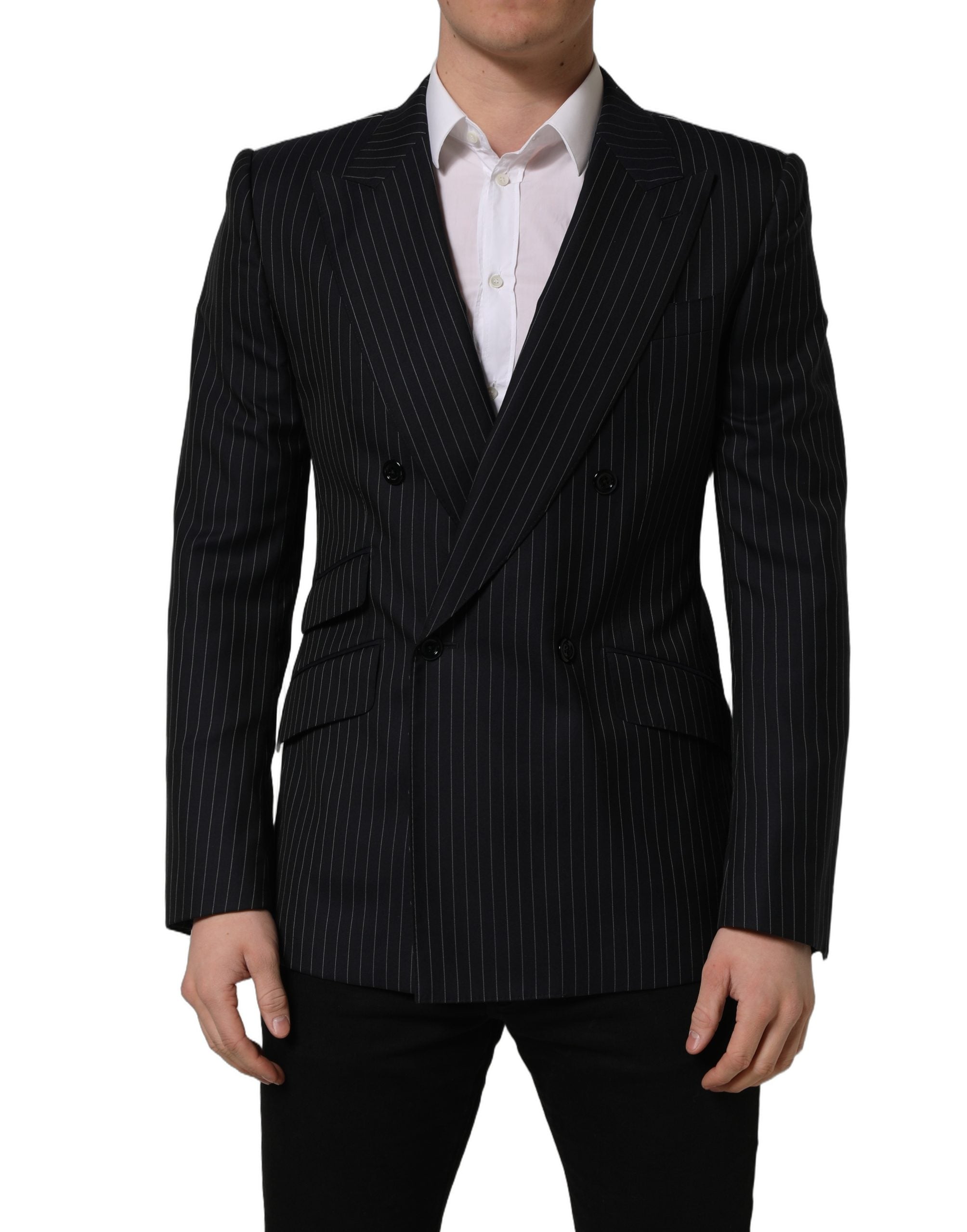 Veste en laine noire à rayures Dolce & Gabbana, double boutonnage, col classique, élégante et sophistiquée.