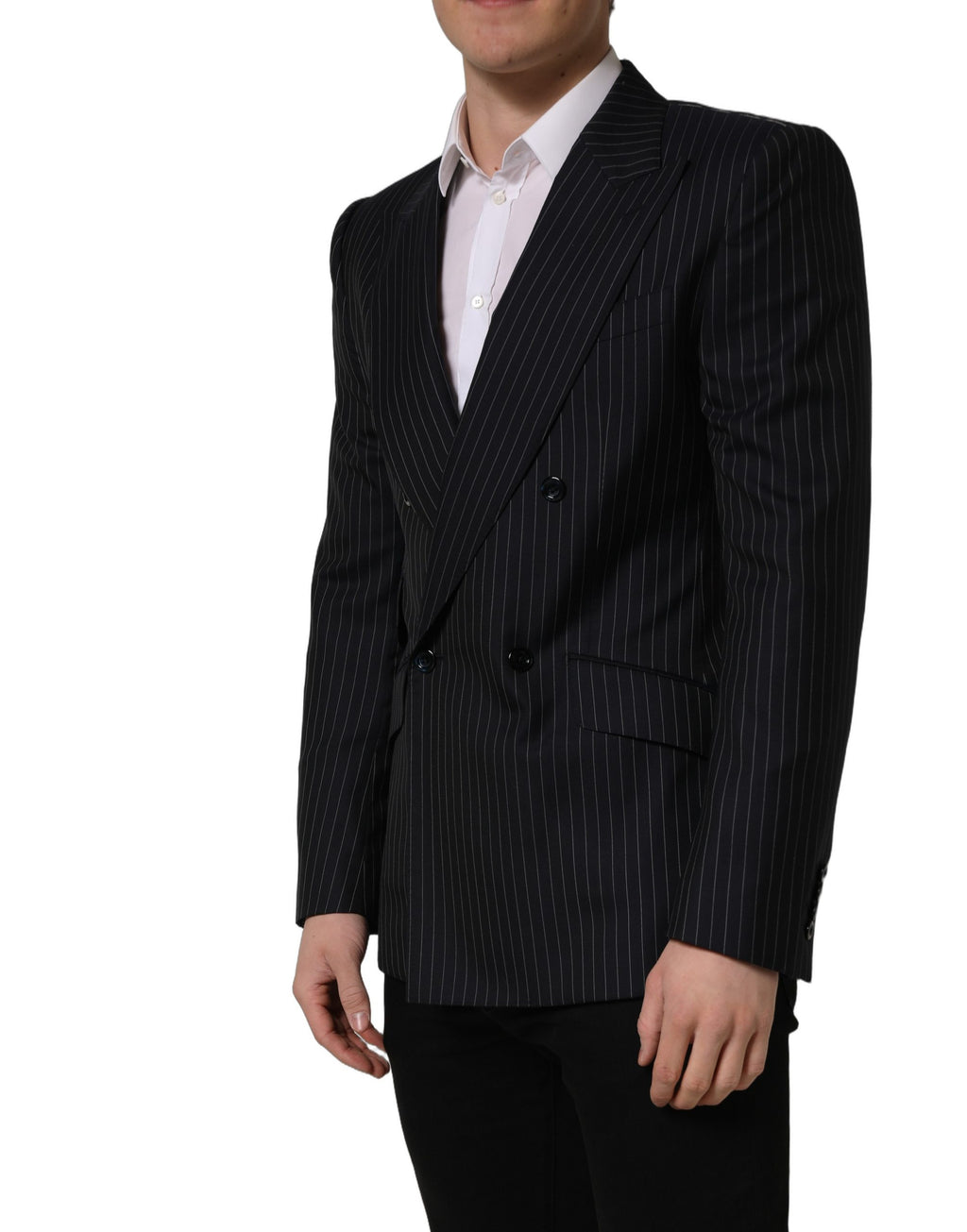 Veste en laine noire à rayures Dolce & Gabbana, double boutonnage, style élégant et sophistiqué.