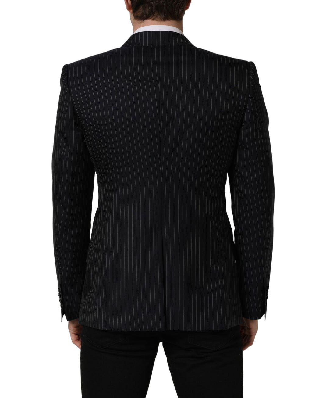 Veste en laine noire à rayures Dolce & Gabbana, double boutonnage, élégante et sophistiquée, vue de face.