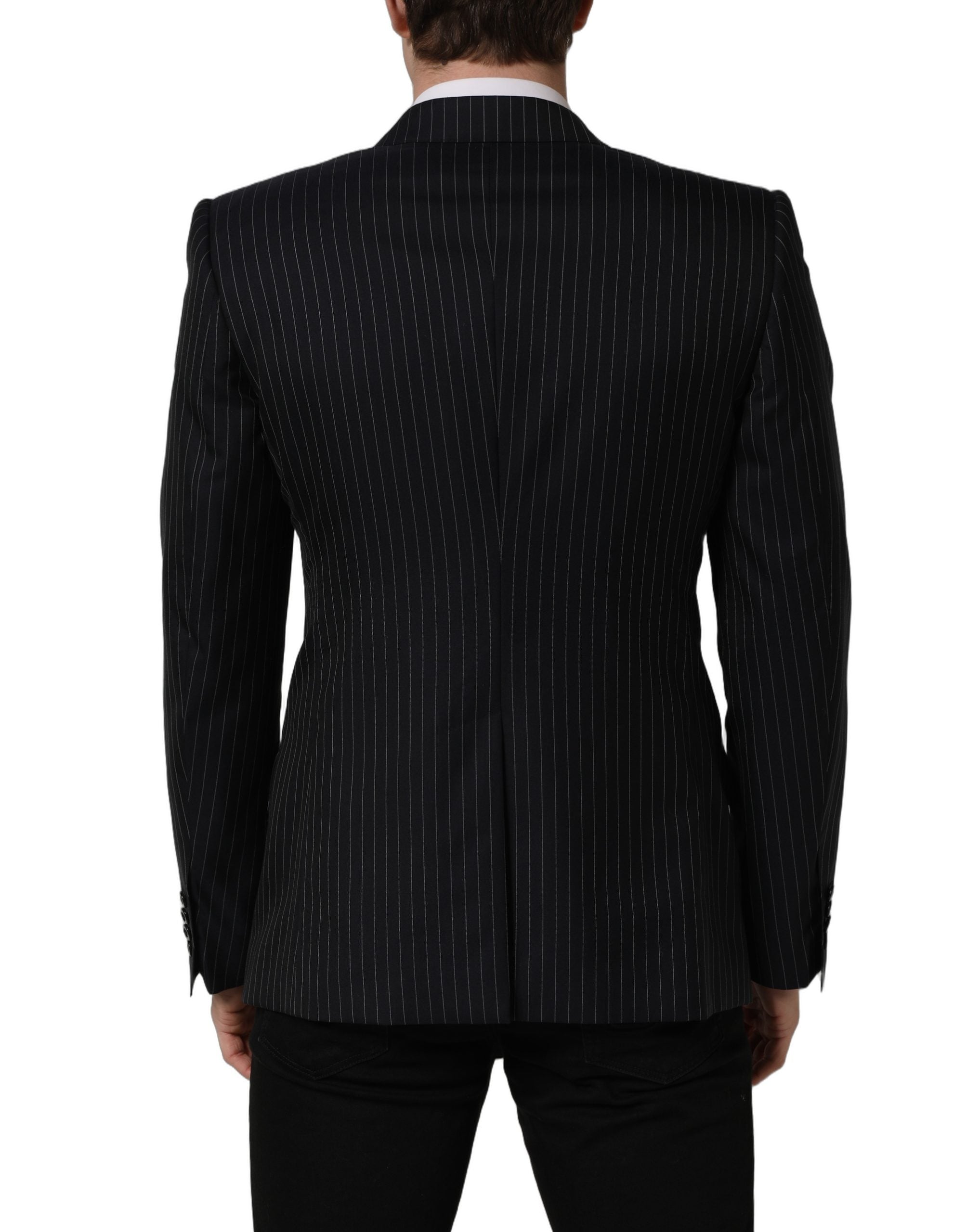 Veste en laine noire à rayures Dolce & Gabbana, double boutonnage, élégante et sophistiquée, vue de face.