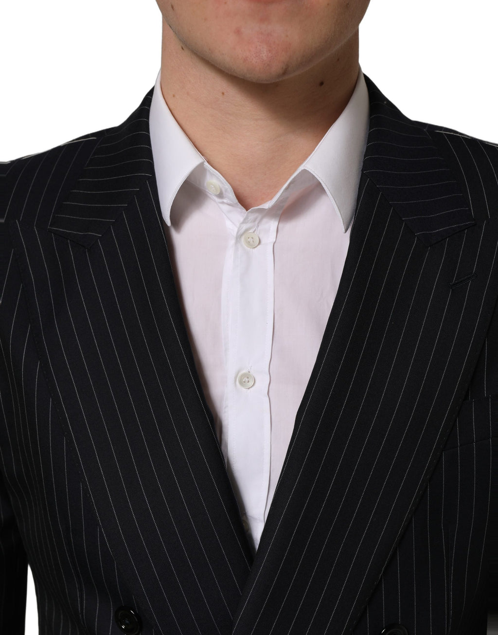 Veste en laine noire à rayures Dolce & Gabbana, double boutonnage, style élégant et sophistiqué.