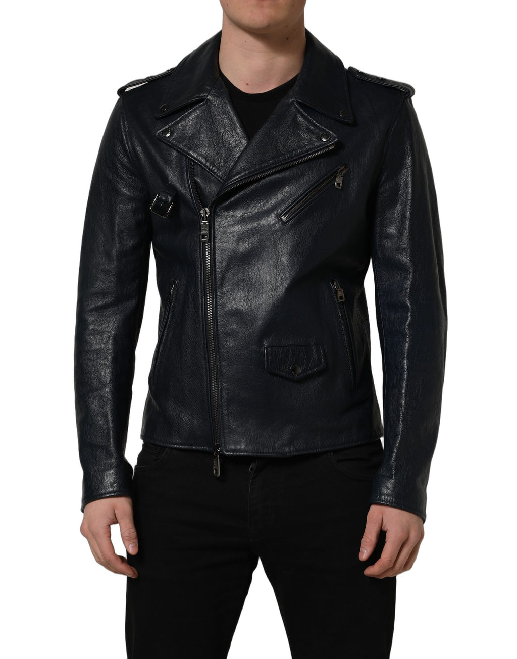 Veste en cuir noir pour homme de style motard Dolce & Gabbana, en peau de chèvre, avec détails robustes et coupe élégante.
