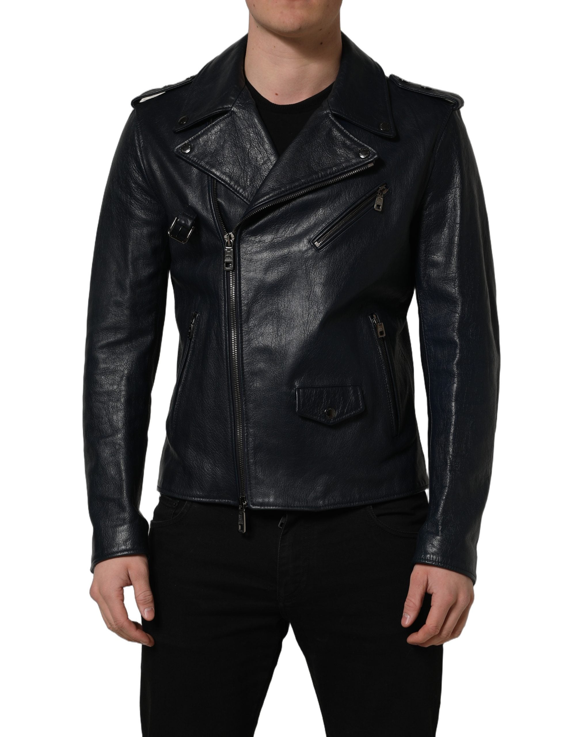 Veste en cuir noir pour homme de style motard Dolce & Gabbana, en peau de chèvre, avec détails en métal et coupe ajustée.