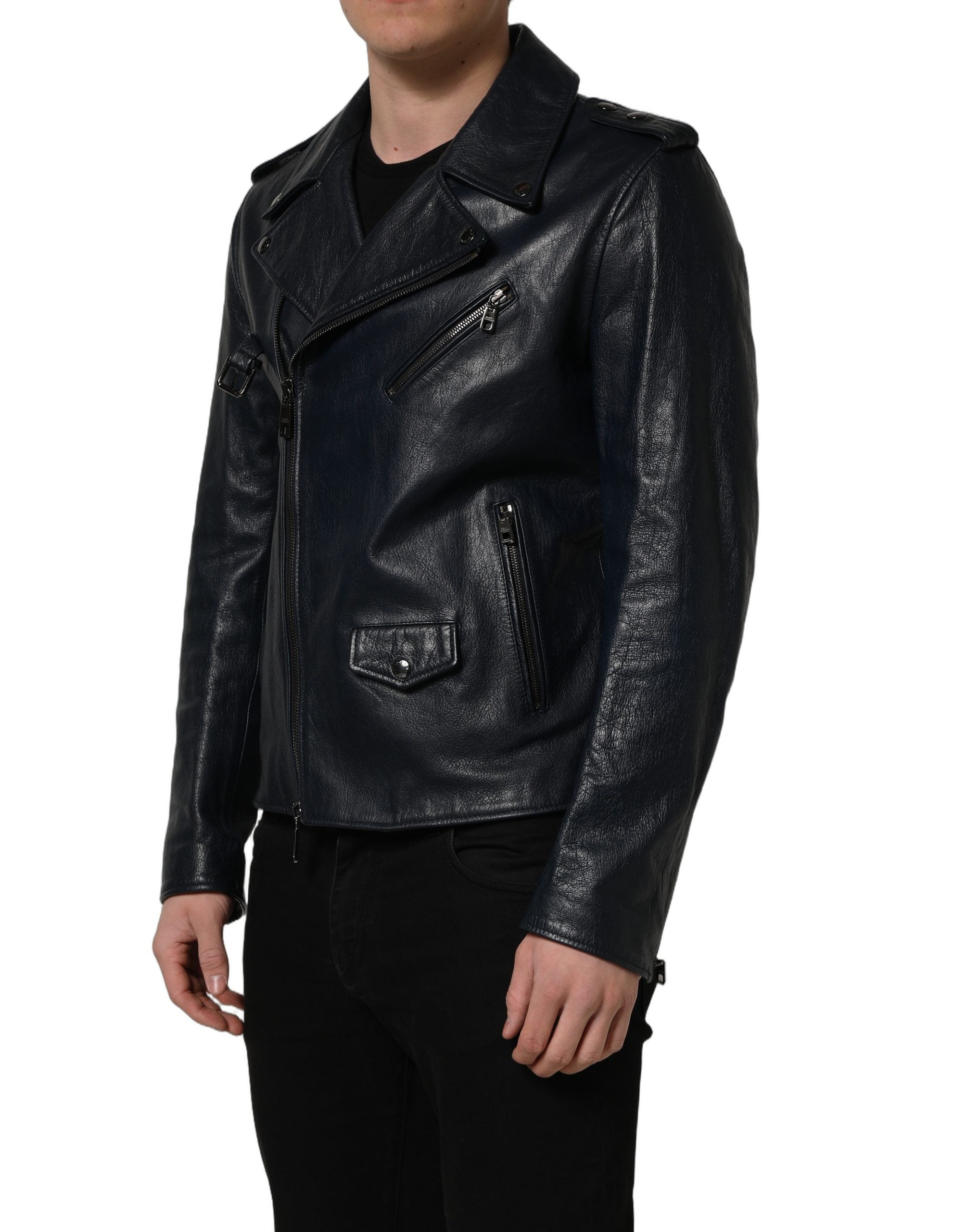 Veste en cuir noir pour homme de style motard, Dolce & Gabbana, en peau de chèvre, avec détails robustes et design élégant.