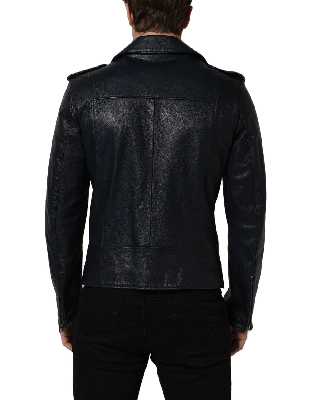 Veste en cuir noir pour homme de style motard de Dolce & Gabbana, en peau de chèvre, avec détails en cuir lisse.