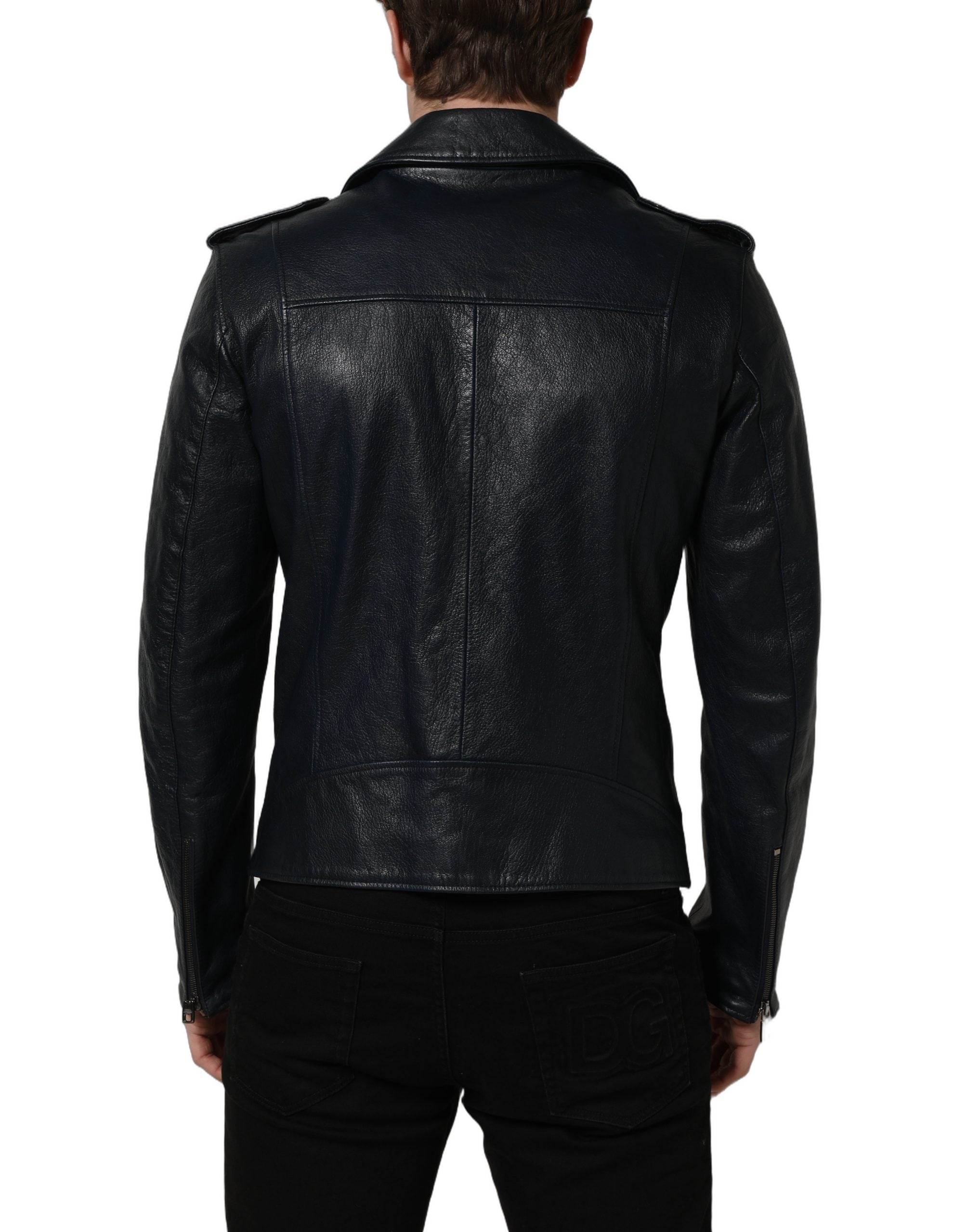 Veste en cuir noir pour homme de style motard de Dolce & Gabbana, en peau de chèvre, avec détails en cuir lisse.