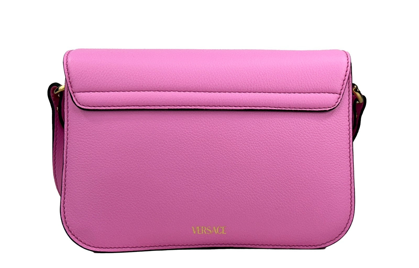 Sac à bandoulière en cuir rose Versace La Medusa, sac à main élégant avec logo Medusa en or et design sophistiqué.