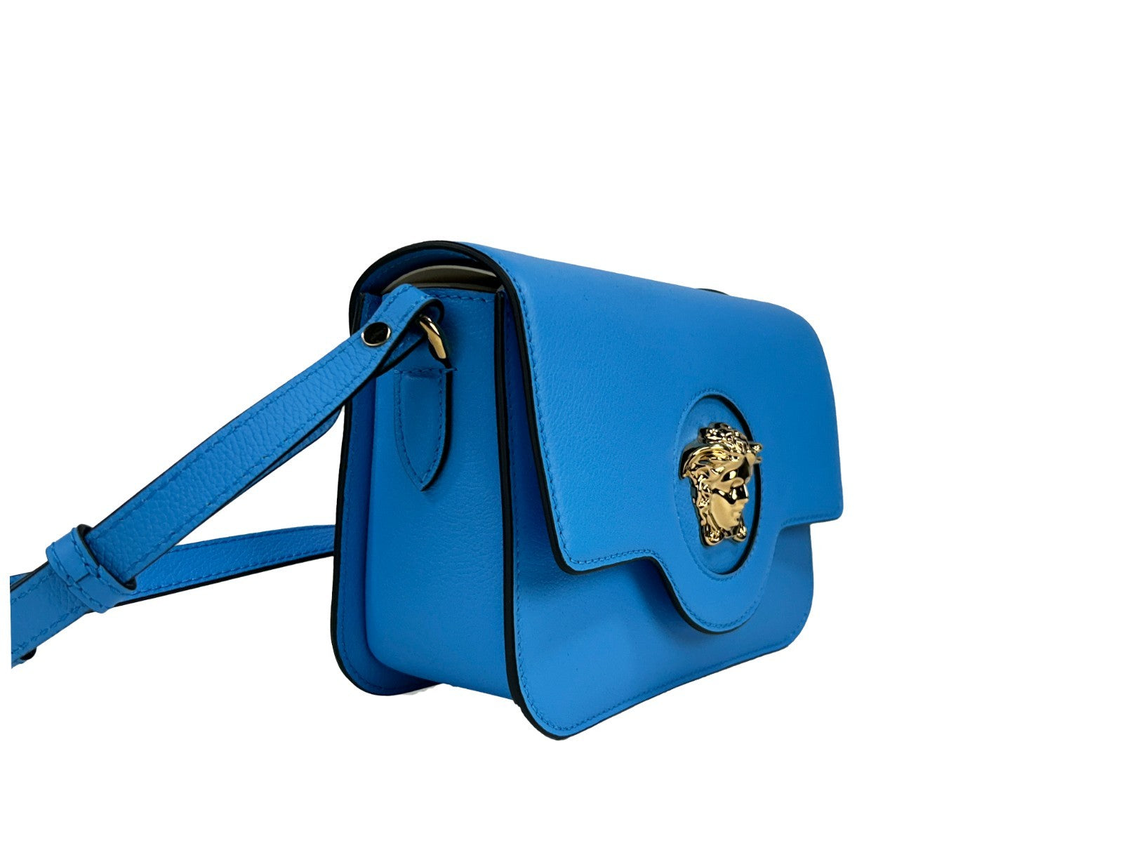 Sac à bandoulière Versace La Medusa en cuir bleu avec logo Medusa, design élégant et luxe italien visible sur l'image.