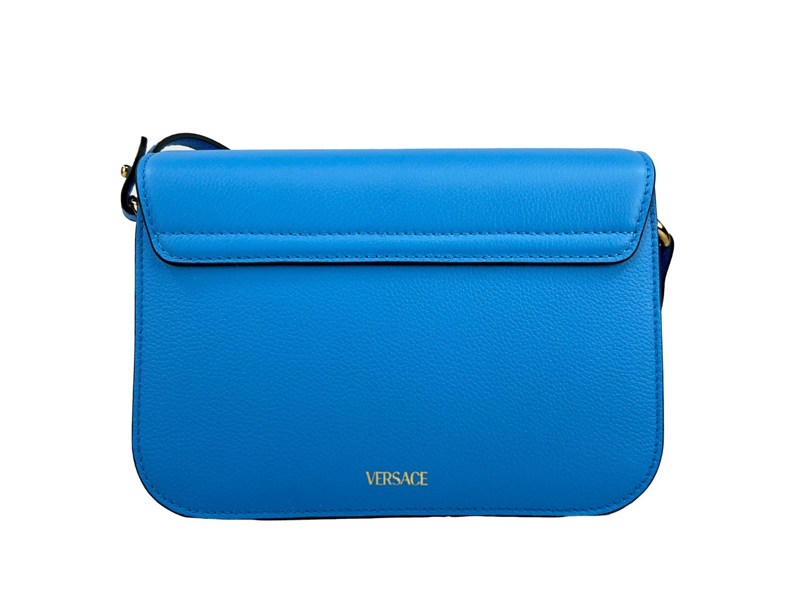 Sac à bandoulière en cuir bleu Versace La Medusa, avec logo emblématique et détails élégants, pour un style sophistiqué.