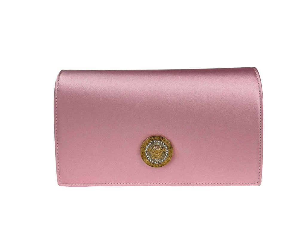 Sac à main mini en satin avec chaîne en or et motif Méduse en cristaux, sac à bandoulière Versace Medusa.