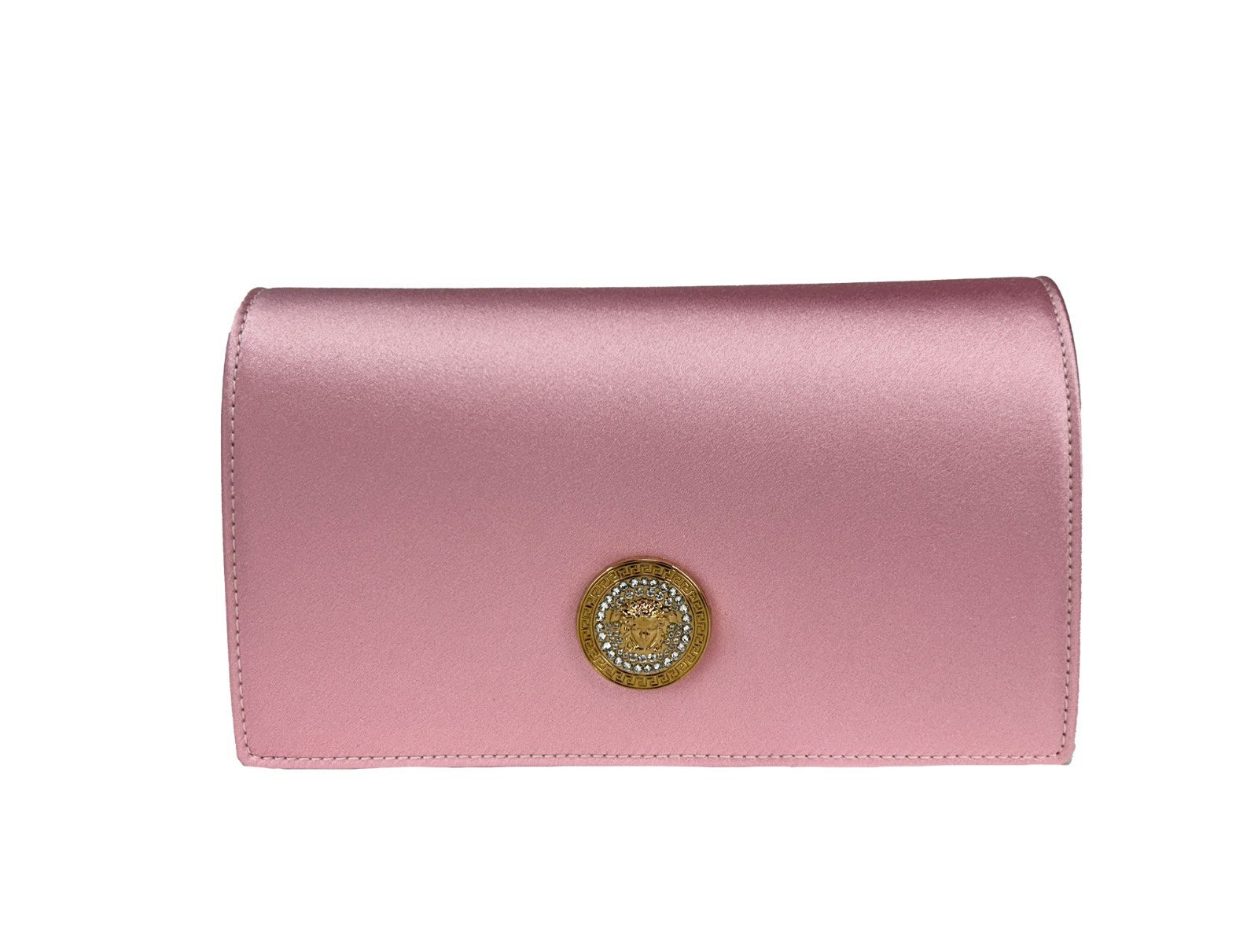 Sac à main mini en satin avec chaîne en or et motif Méduse en cristaux, sac à bandoulière Versace Medusa.