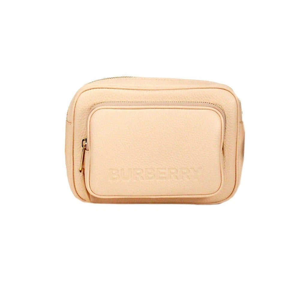 Sac bandoulière Burberry en cuir grainé rose pêche, petit modèle avec logo de la marque, idéal pour la photographie et la mode.