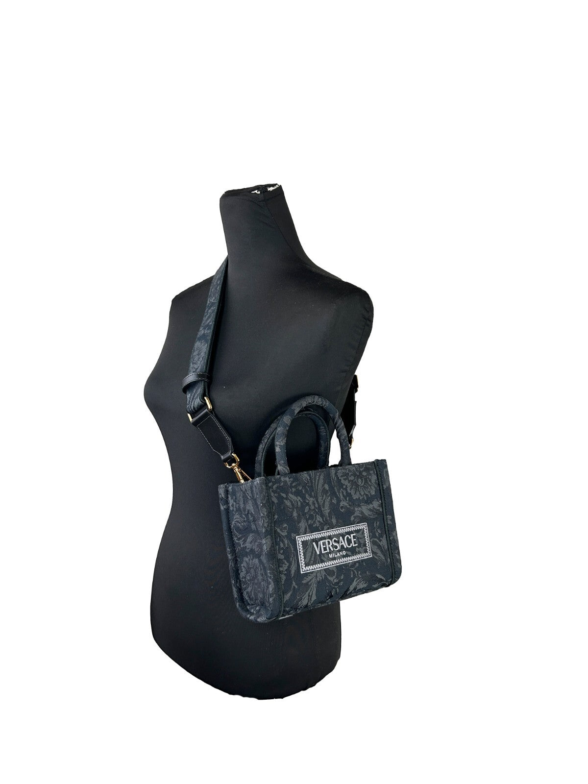Sac à main femme Versace 'Extra Small Athena' noir, sac shopping élégant en cuir avec logo distinctif et poignées confortables.
