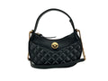 Sac à main à bandoulière en cuir noir matelassé Versace, forme demi-lune avec chaîne ornementale.