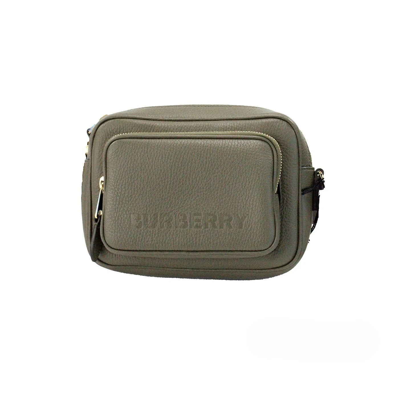 Sac à bandoulière pour appareil photo Burberry en cuir grainé vert foncé, petite taille, avec logo de la marque.