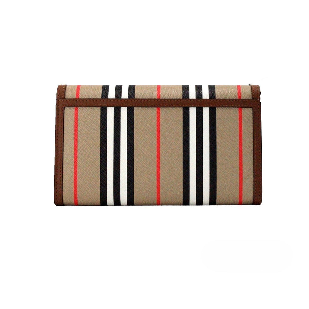Portefeuille et sac bandoulière Burberry Hannah Icon Stripe en toile E-Canvas et cuir couleur tan, avec logo emblématique.