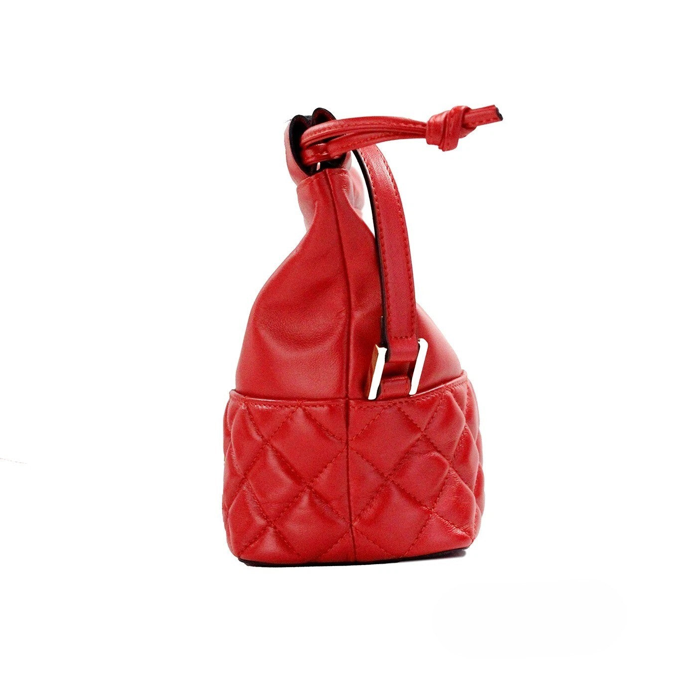 Sac à main en cuir rouge matelassé Versace, sac seau à cordons avec bandoulière, style élégant et tendance.