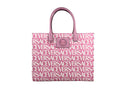 Grand sac fourre-tout en toile Versace Medusa rose bébé avec logo en or et détails élégants, idéal pour transporter des affaires.