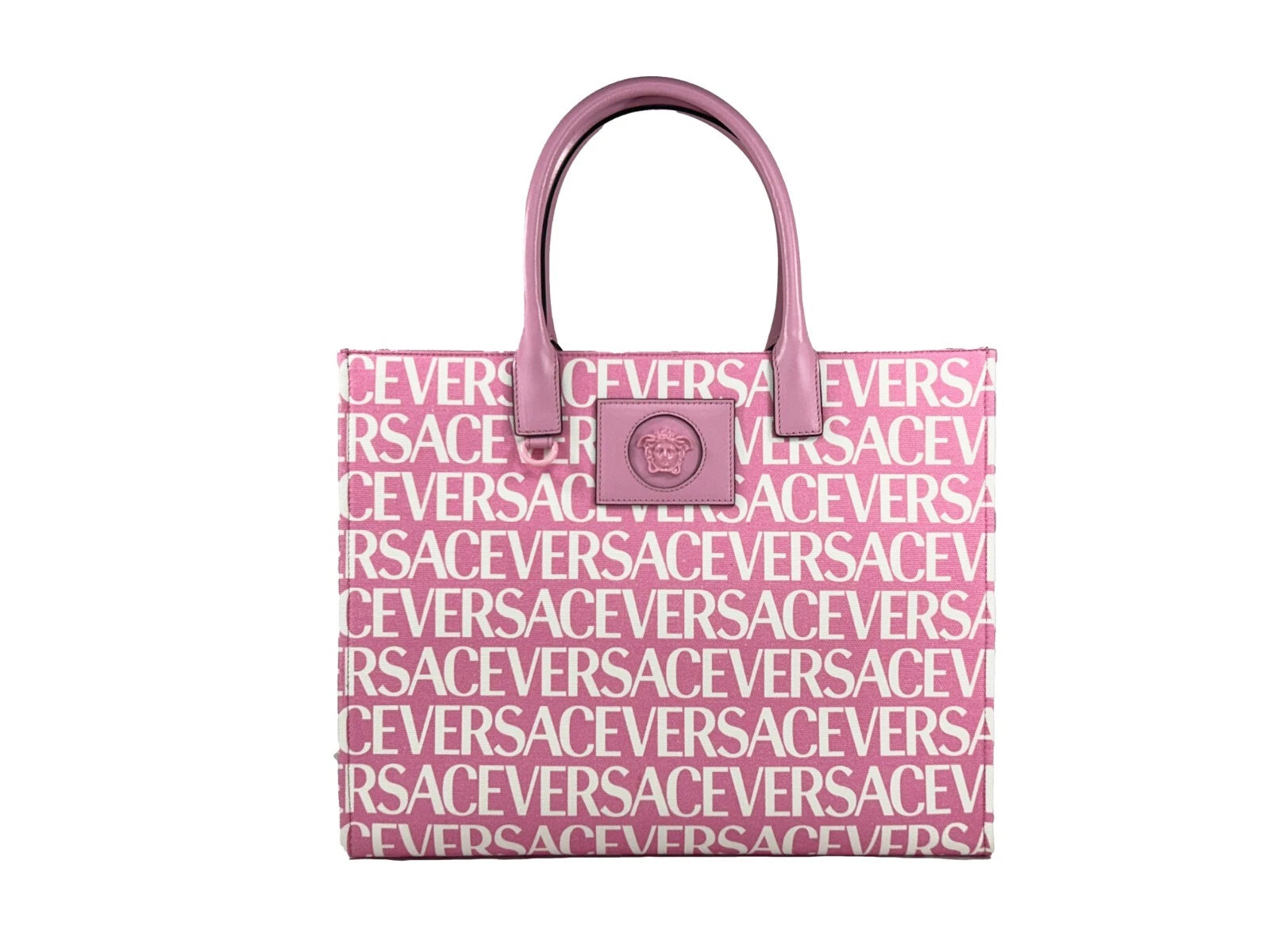 Grand sac fourre-tout en toile Versace Medusa rose bébé avec logo en or et détails élégants, idéal pour transporter des affaires.