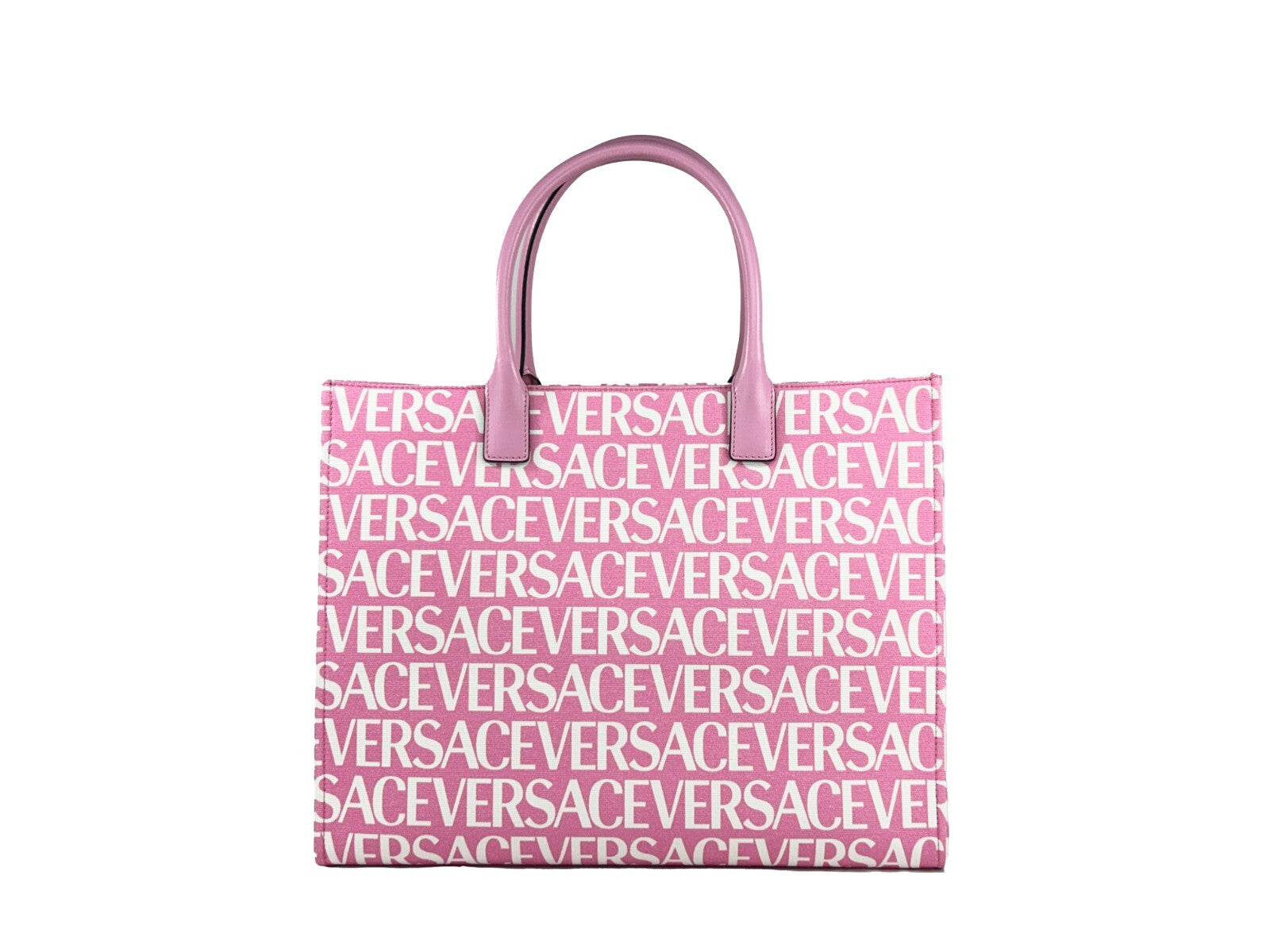 Grand sac cabas en toile de canvas rose bébé avec logo Medusa de Versace, design élégant et spacieux.