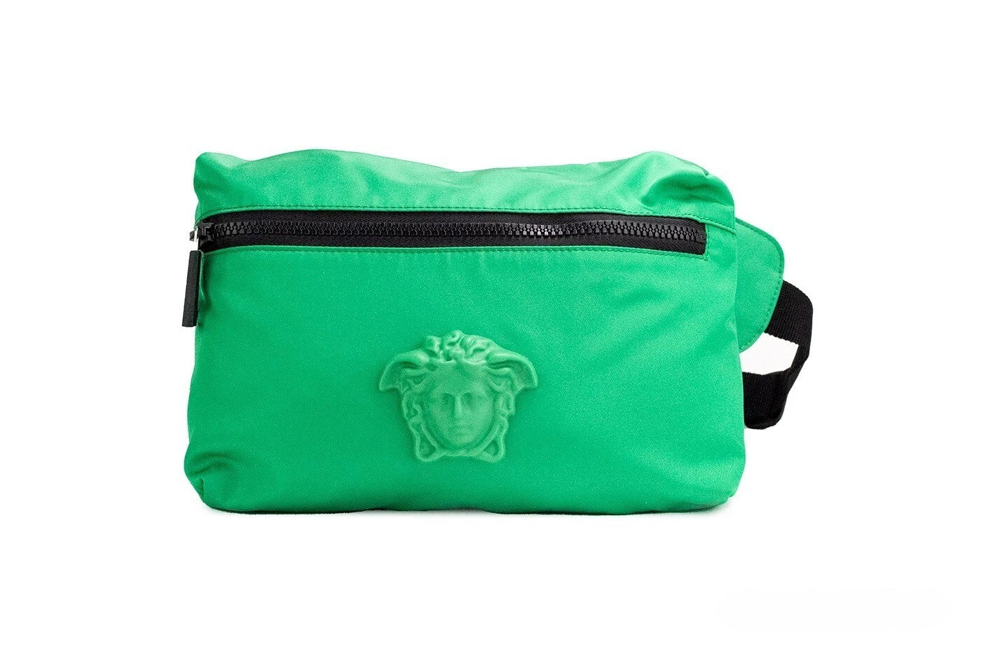 Sac banane Versace en nylon vert brillant avec boucle Medusa, petit modèle, ceinture et sac à main tendance.