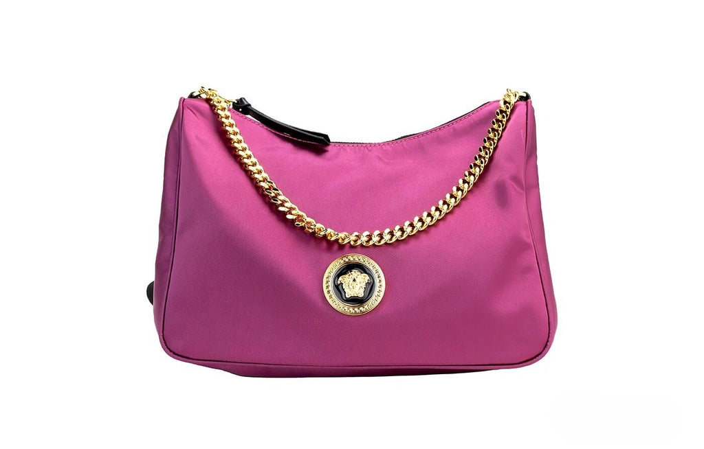Sac à bandoulière Versace Dahlia en nylon avec pendentif médusa, petit sac élégant pour femme, noir et or.