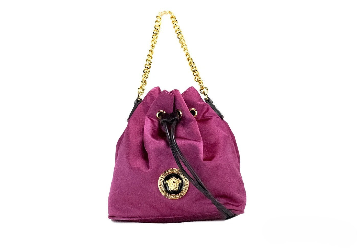 Sac à bandoulière Versace Small Dahlia Nylon avec pendentif Méduse et chaîne en métal, design élégant et compact.
