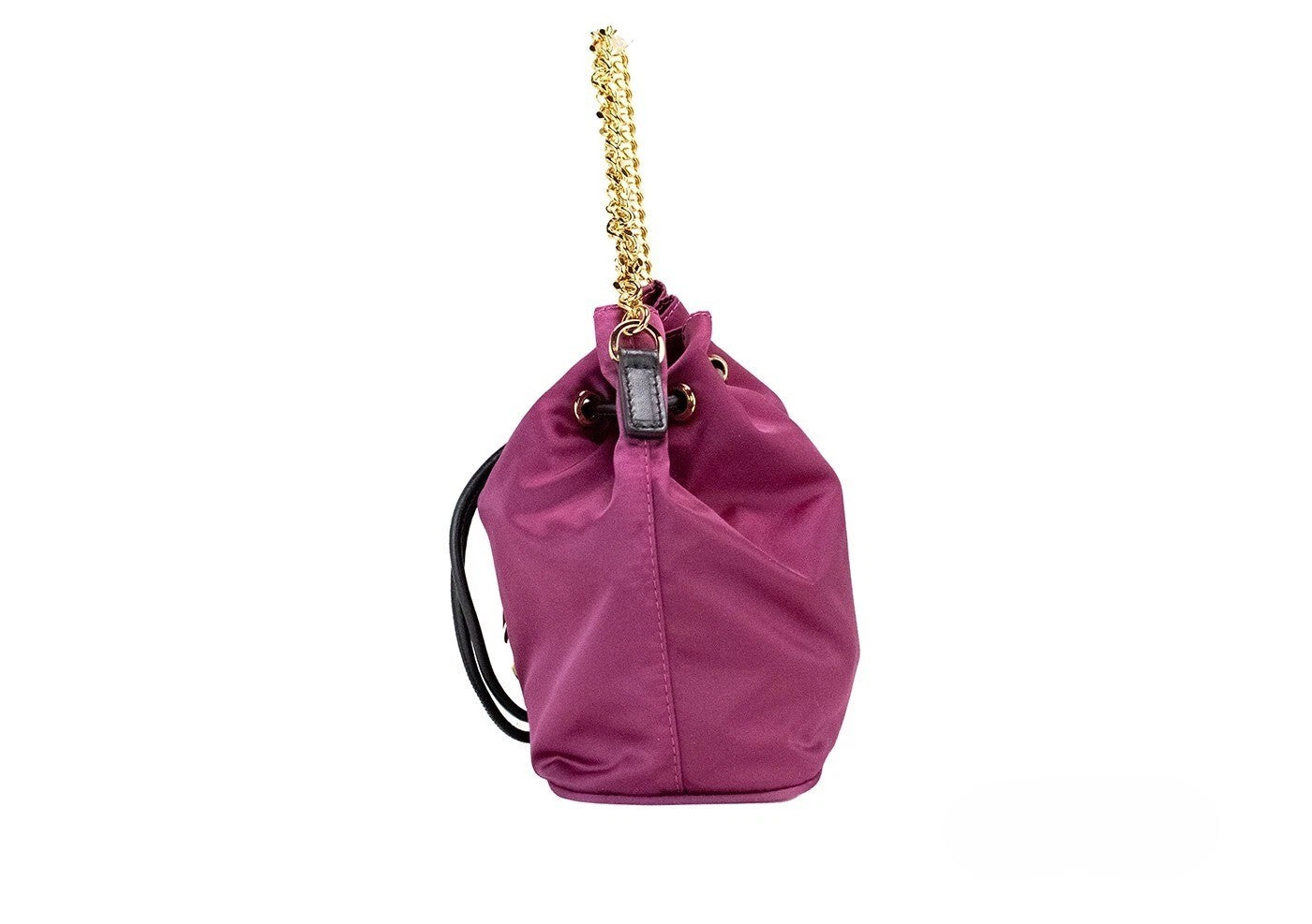 Sac à main Versace Dahlia en nylon avec pendentif Medusa, chaîne en seau, pochette compacte et élégante.