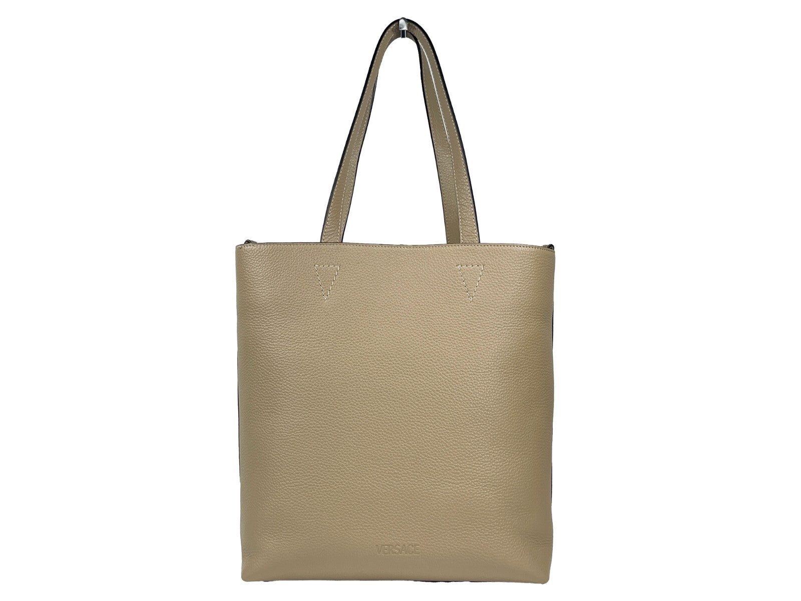 Sac tote en cuir noir Versace Medusa avec grande taille et pochette assortie, détail emblématique Medusa en relief.