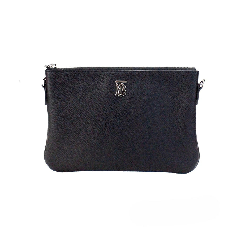 Pochette en cuir noir Burberry Peyton Monogram, sac à bandoulière élégant et compact avec logo emblématique.