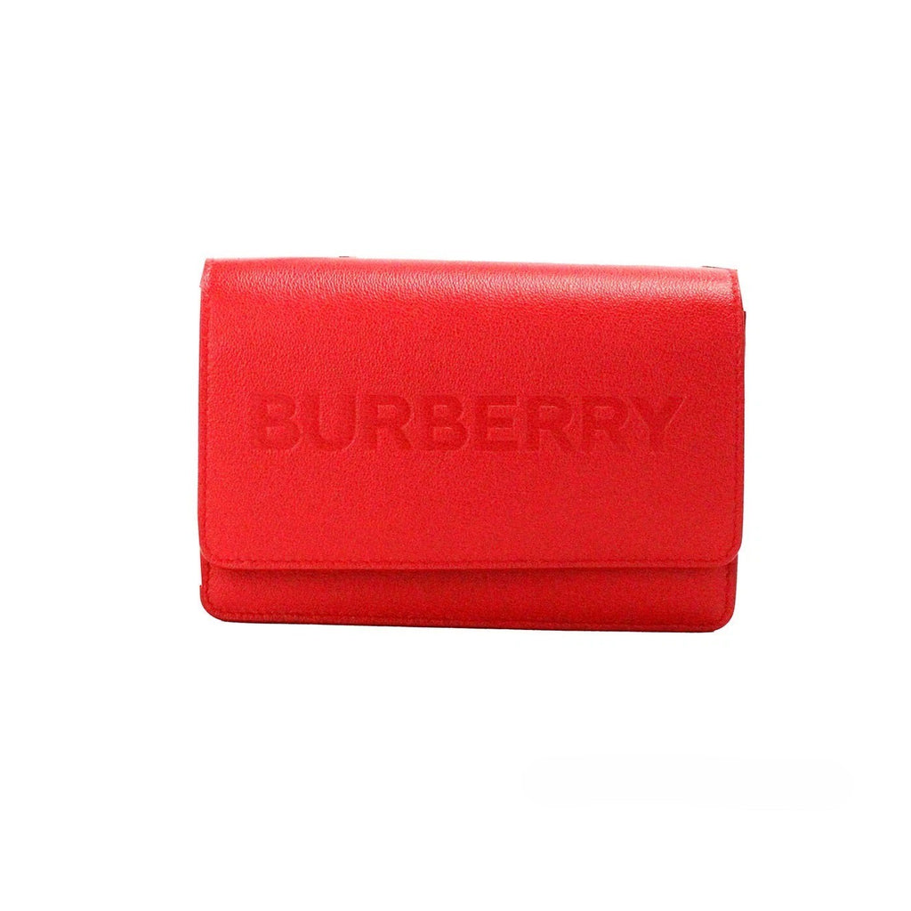Sac bandoulière Burberry Hampshire en cuir rouge embossé avec logo, petit format, style élégant et sophistiqué.