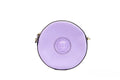 Sac à bandoulière Versace rond disco en cuir lilas texturé, pochette élégante pour appareil photo ou petit accessoire.