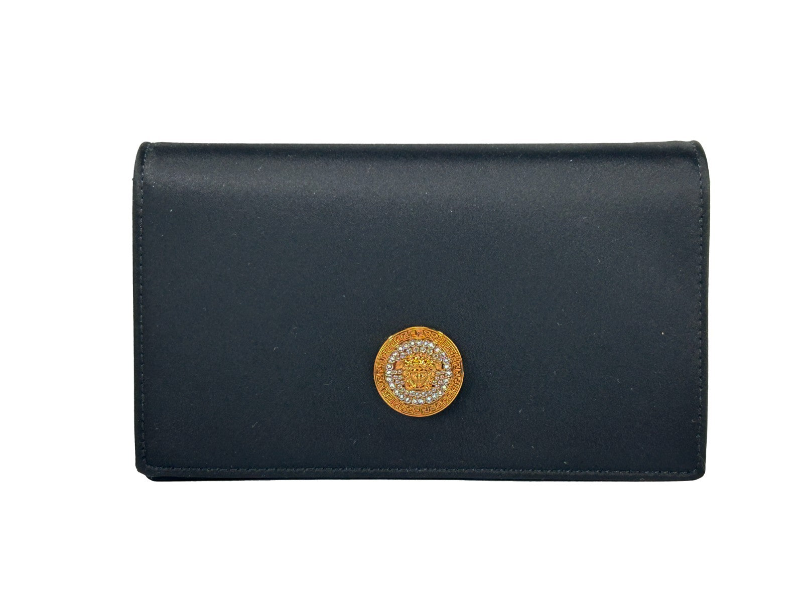 Portefeuille sac à bandoulière noir Versace Mini Chain Crossbody avec chaîne métallique et logo emblématique.