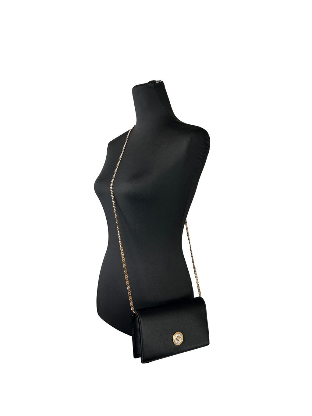 Mini porte-monnaie Versace en chaîne noire, sac à bandoulière crossbody élégant avec logo emblématique, en cuir durable.