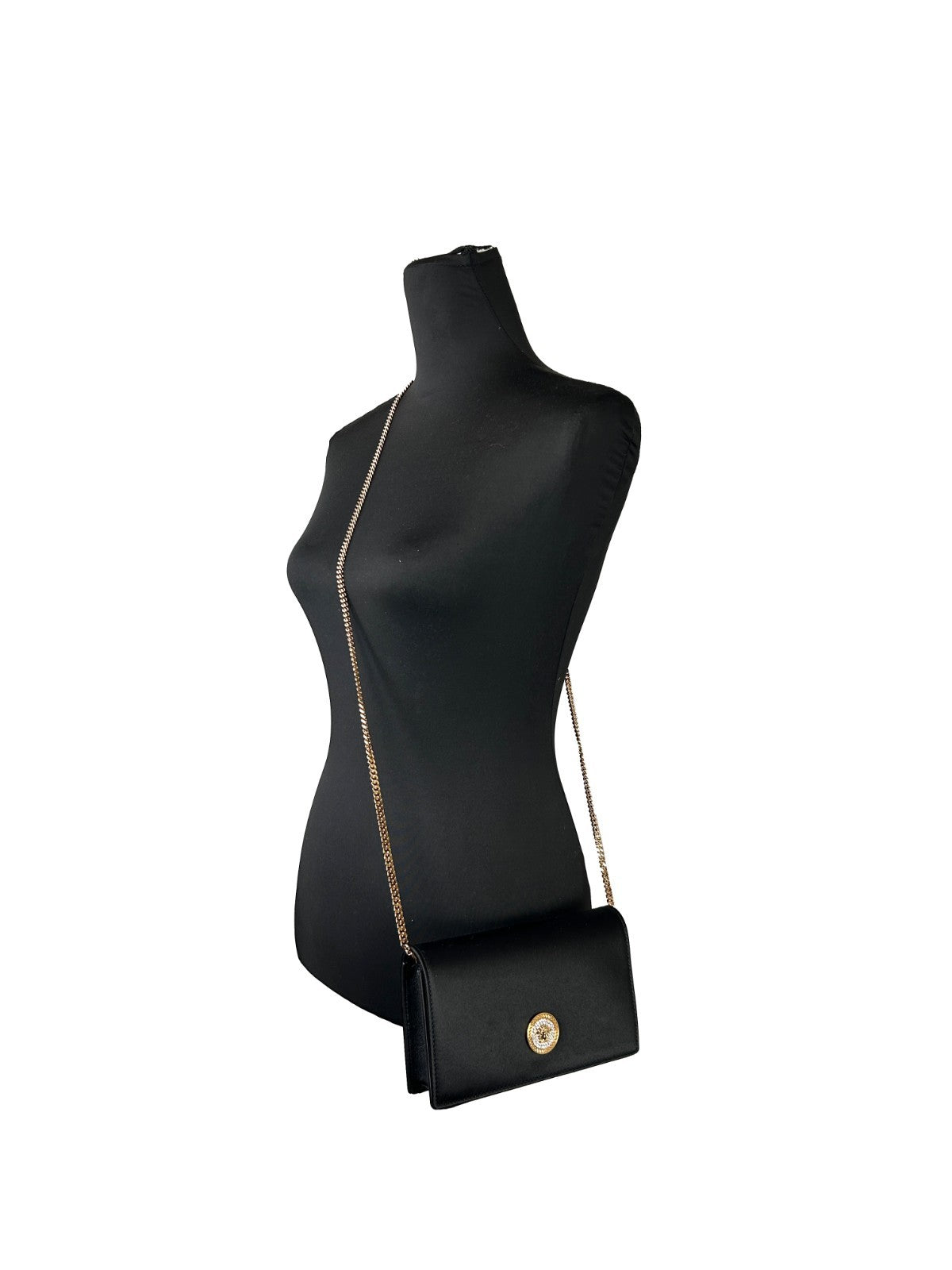 Mini porte-monnaie Versace en chaîne noire, sac à bandoulière crossbody élégant avec logo emblématique, en cuir durable.