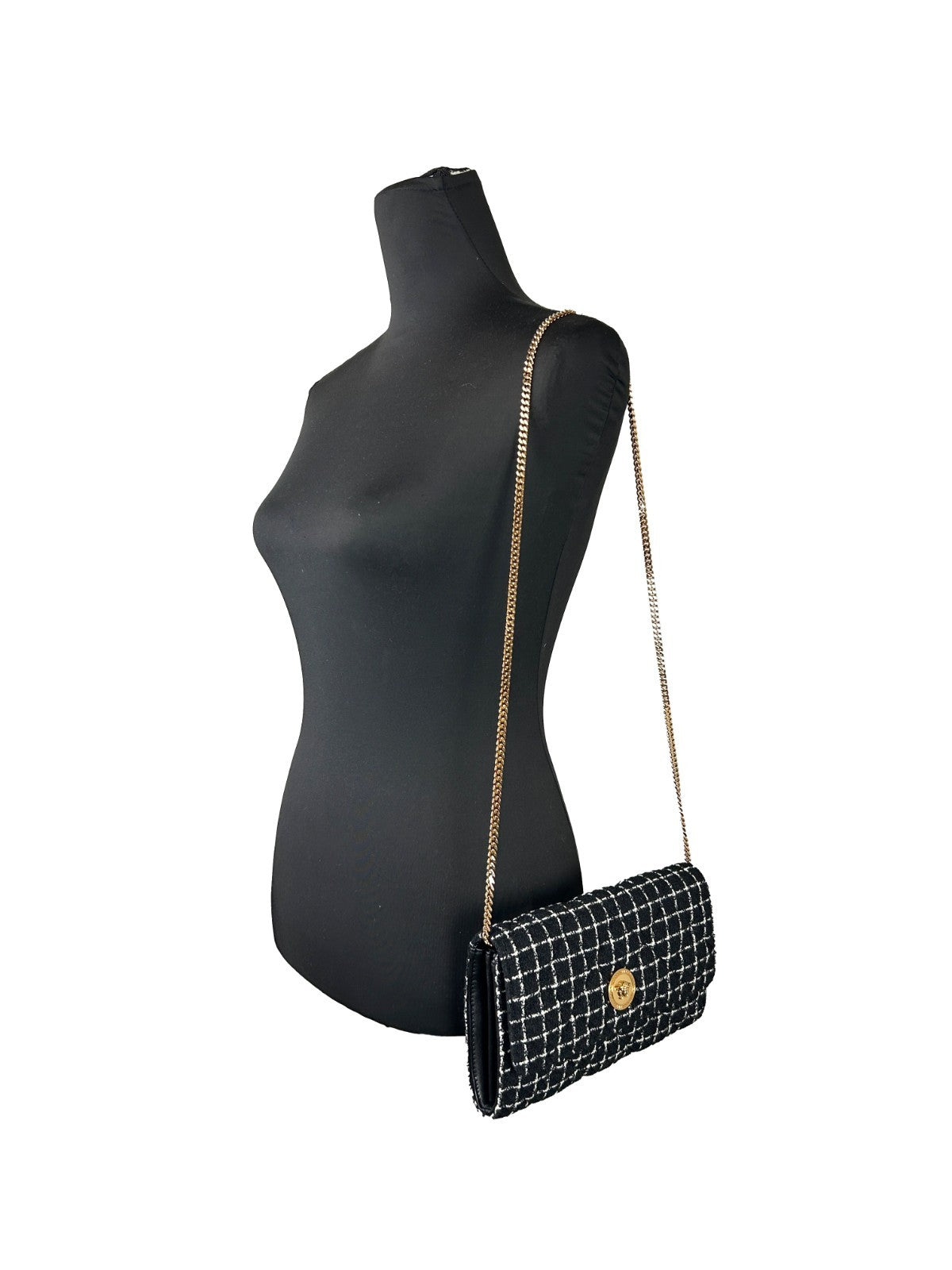 Versace Geldbörse mit Kette aus Stoff, schwarz, Umhängetasche