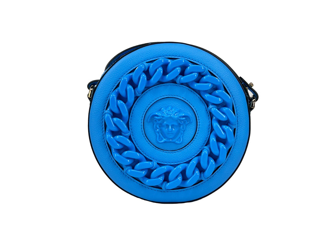 Sac à bandoulière Versace Round Disco en cuir avec motif rond, conçu pour protéger votre appareil photo.