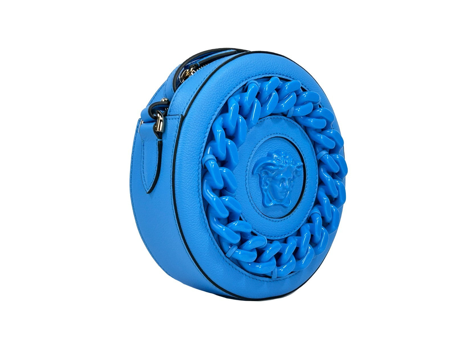 Sac à bandoulière Versace rond disco en cuir pour appareil photo, design élégant et moderne avec finition brillante.