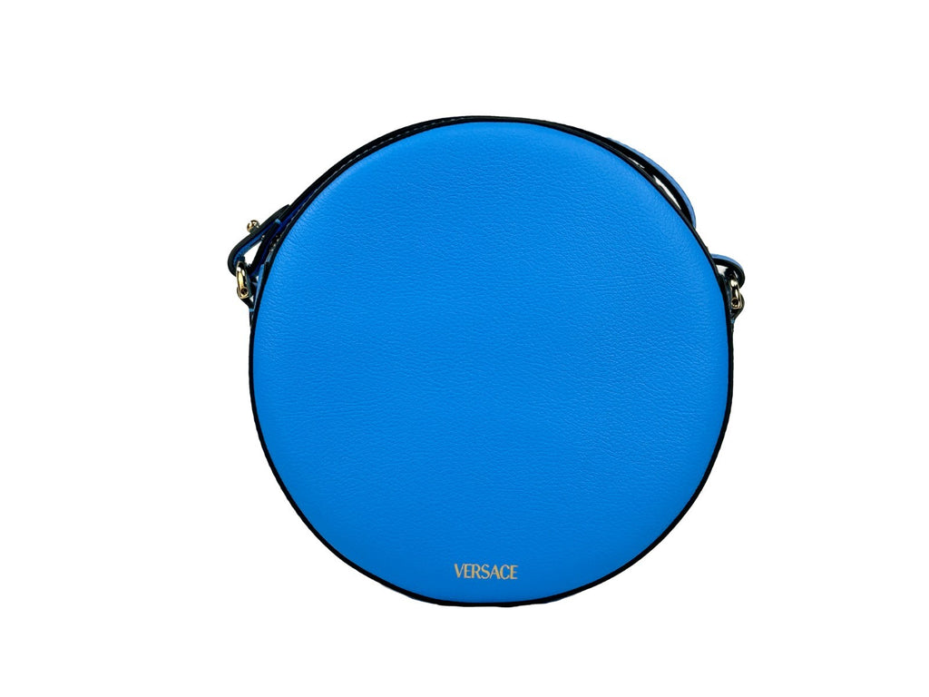 Sac à bandoulière Versace rond disco en cuir pour appareil photo, design élégant avec motif distinctif.