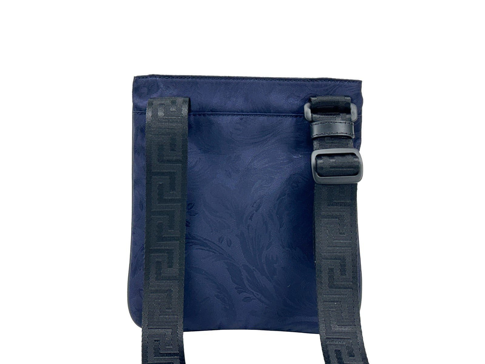 Sac à bandoulière plat Versace Medusa avec logo emblématique et motif élégant, en cuir noir.
