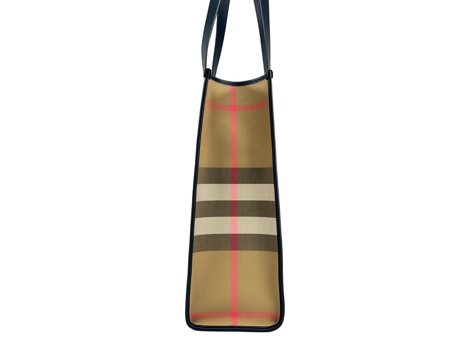 Sac tote moyen Burberry NS Book avec motif à carreaux beige, noir et rouge, en toile résistante avec poignées en cuir.