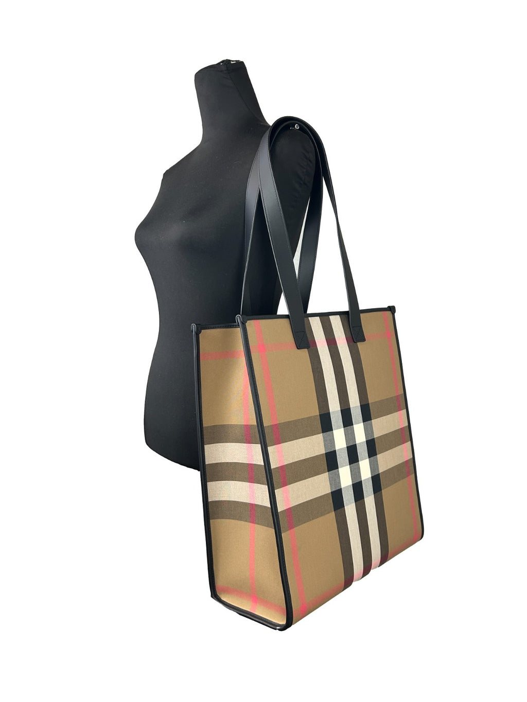 Sac à main moyen Burberry NS Book Tote en toile avec motif à carreaux et poignées en cuir beige.