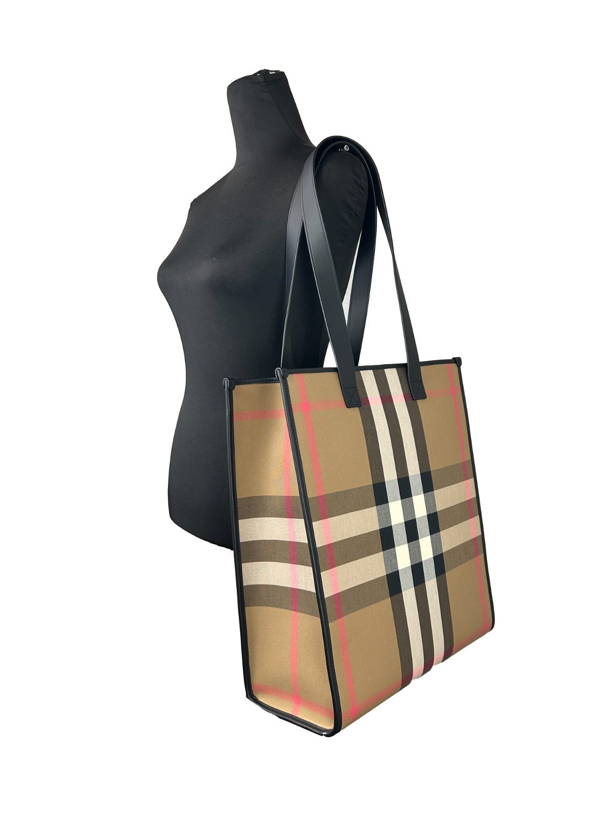 Sac à main moyen Burberry NS Book Tote en toile avec motif à carreaux et poignées en cuir beige.