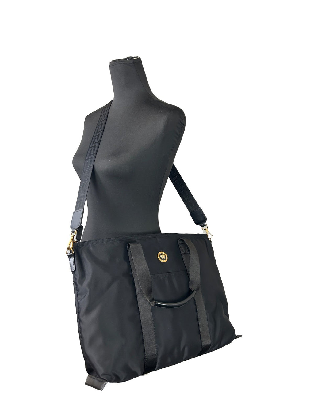 Sac cabas en nylon noir Versace La Medusa avec logo et poignée en cuir, élégant et pratique pour un style sophistiqué