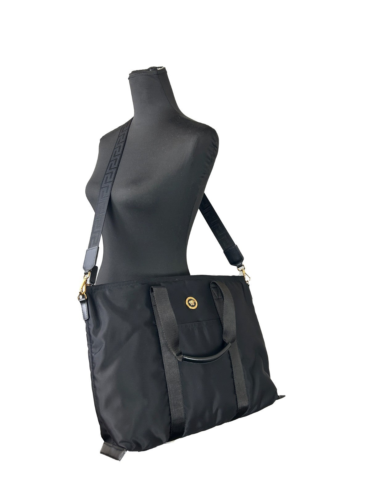 Sac cabas en nylon noir Versace La Medusa avec logo et poignée en cuir, élégant et pratique pour un style sophistiqué