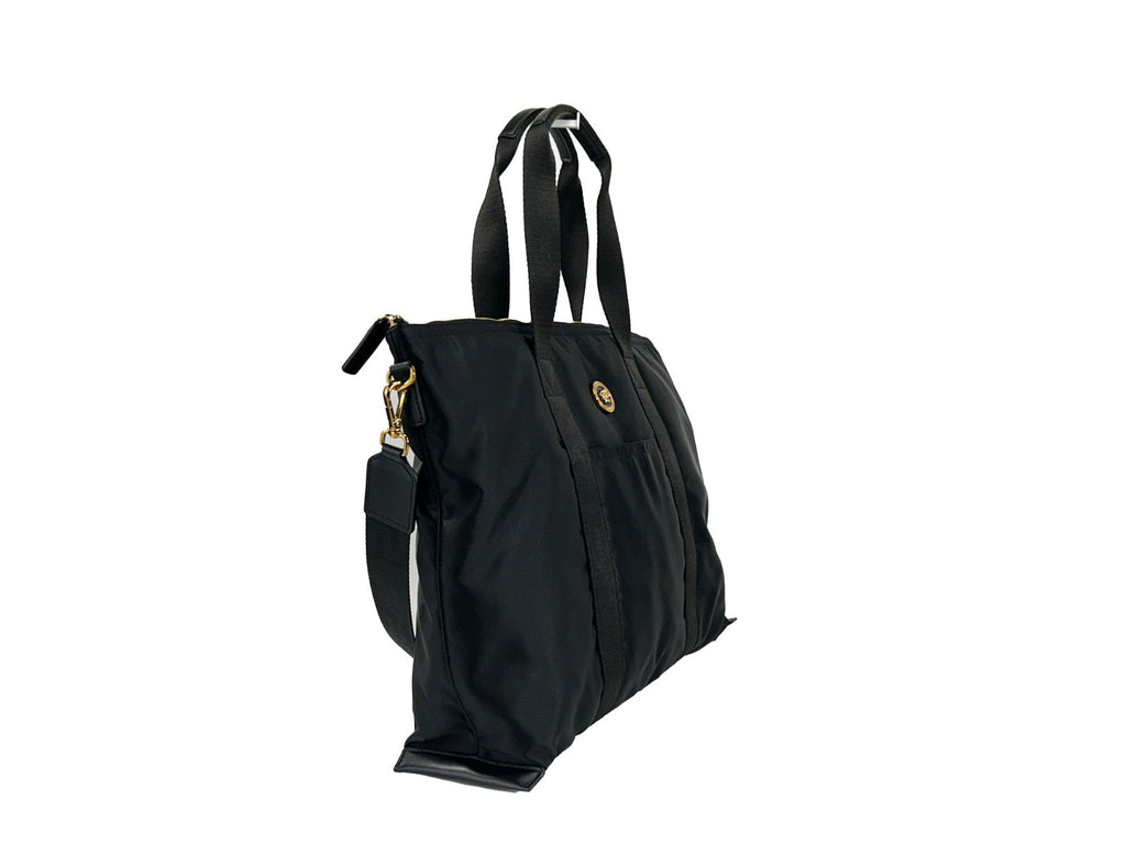 Sac tote en nylon noir Versace La Medusa avec logo emblématique, porté sur l'épaule, pour un style élégant et sophistiqué.